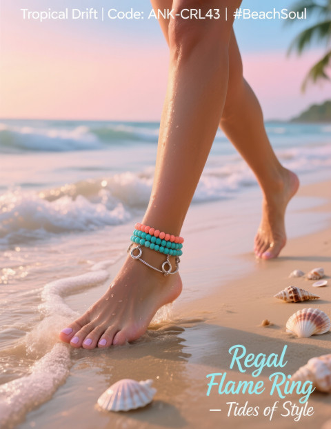Woman walking barefoot on tropical beach waves with coral and turquoise anklet shining in morning light Woman walking barefoot on tropical beach waves with coral and turquoise anklet shining in morning light
