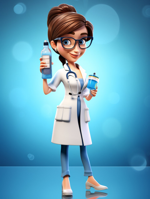 Photo cartoon woman doctor character with big syringe and glass bottle with clear blue liquid, Health and Medical stock image