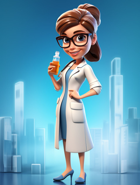 Photo cartoon woman doctor character with big syringe and glass bottle with clear blue liquid, Health and Medical stock image