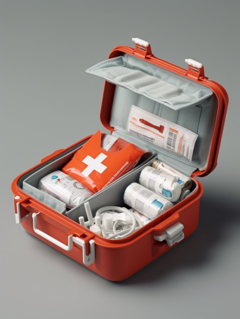 Simple open red first aid kit with with medicines for drugstore category 3d render illustration, Health and Medical stock image