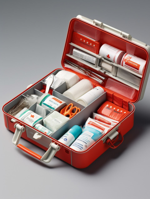 Simple open red first aid kit with with medicines for drugstore category 3d render illustration, Health and Medical stock image