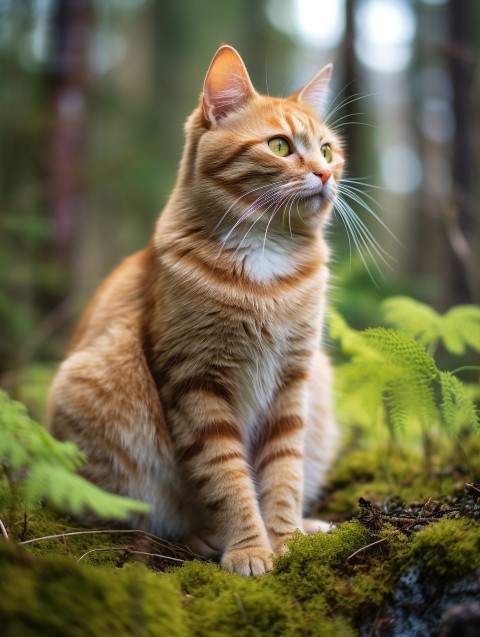 A photo of a redhead cat sitting forest, animal in nature photography