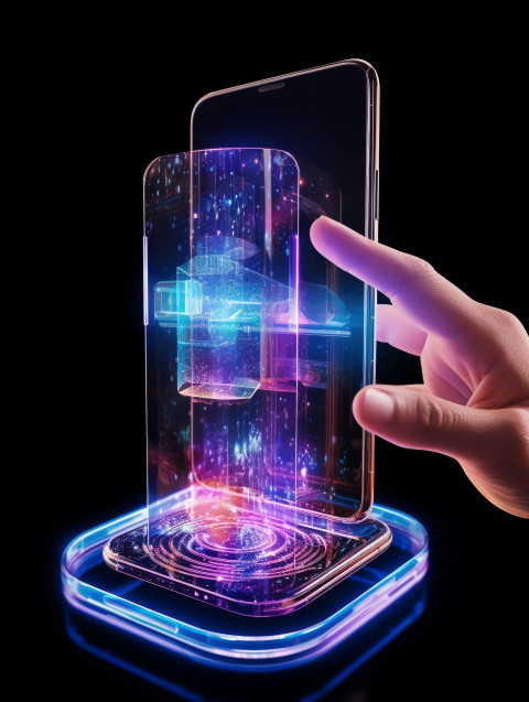 A photo of a hologram transparent glass display with a coming out of mobile digital tranparent glob, finance stock photo