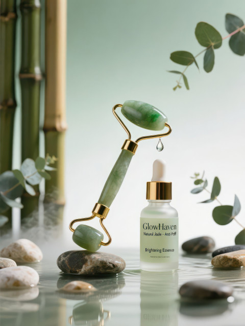 Serene jade roller with golden handles and serum dropper suspended droplet on bamboo and eucalyptus spa setting Serene jade roller with golden handles and serum dropper suspended droplet on bamboo and eucalyptus spa setting
