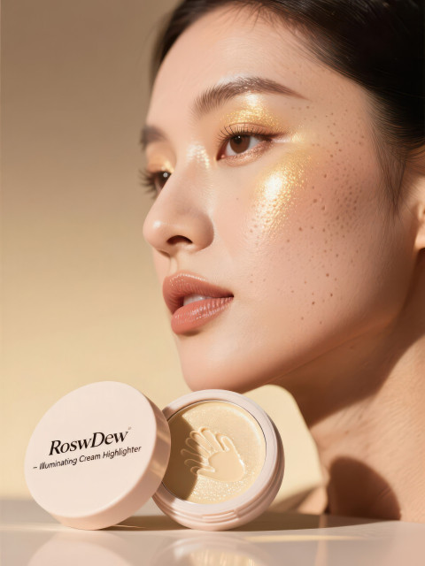 Glowing cheekbone highlighted with cream shimmer
