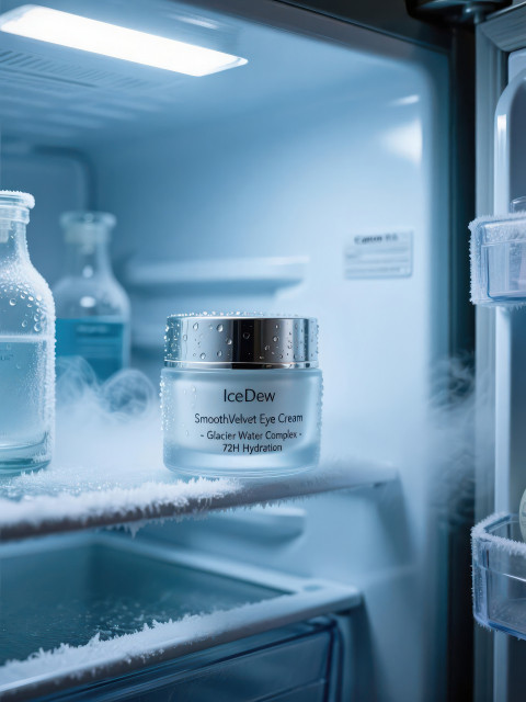 Frosted glass moisturizer jar with silver lid inside cool fridge