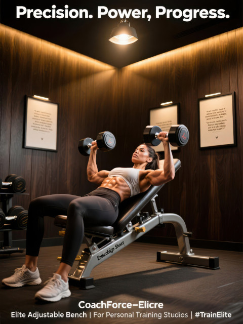 Female coach demonstrating incline dumbbell press on luxury bench in private training suite with warm lighting Female coach demonstrating incline dumbbell press on luxury bench in private training suite with warm lighting