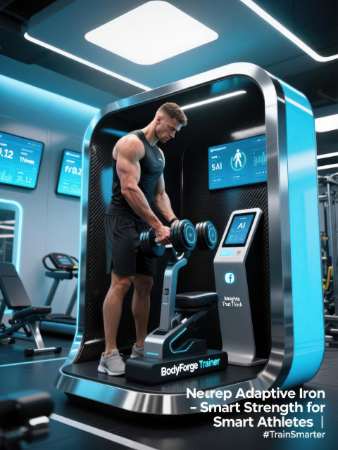 Male trainer adjusting smart dumbbells in futuristic gym pod Male trainer adjusting smart dumbbells in futuristic gym pod