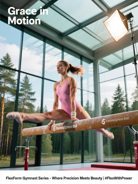 Focused female gymnast swings on parallel bars in glass gym with forest view Focused female gymnast swings on parallel bars in glass gym with forest view