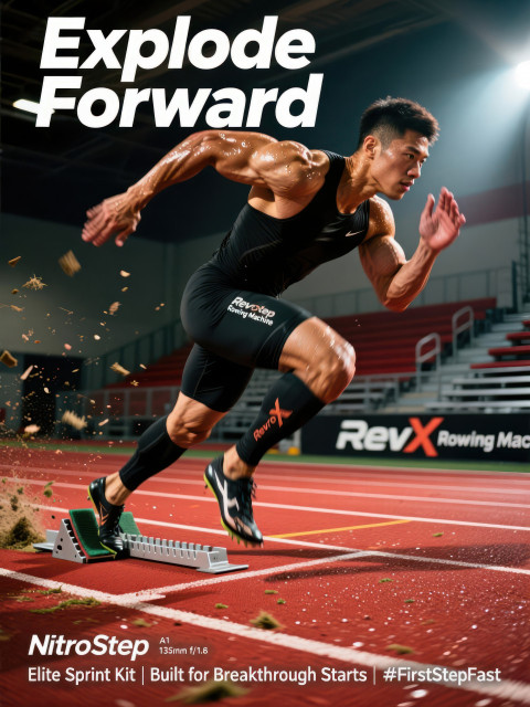 Explosive male sprinter launches from starting blocks on indoor track Explosive male sprinter launches from starting blocks on indoor track