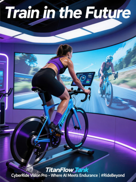 Focused woman cycles on smart indoor trainer with virtual ride screen glowing in blue tones Focused woman cycles on smart indoor trainer with virtual ride screen glowing in blue tones