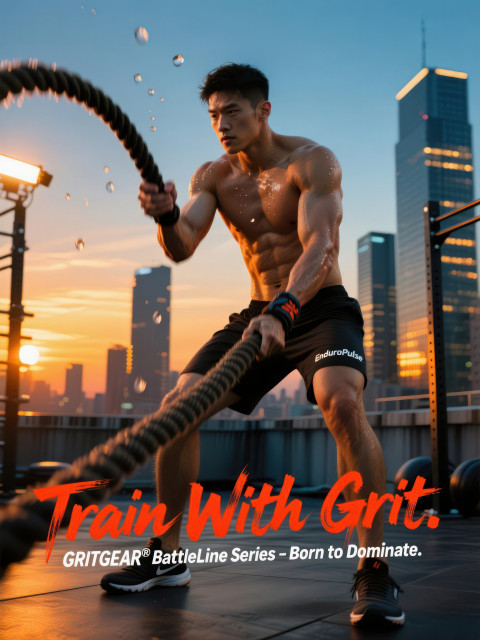 Shirtless man trains hard with battle ropes on rooftop gym at sunset Shirtless man trains hard with battle ropes on rooftop gym at sunset