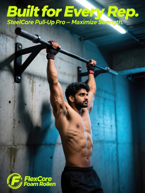 Muscular man performs pull ups on wall bar in industrial gym with spotlight highlighting strength Muscular man performs pull ups on wall bar in industrial gym with spotlight highlighting strength