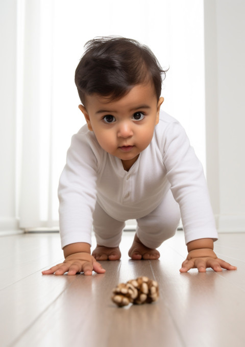 a baby crawling on a white floor