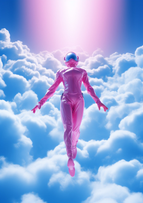 A blue man is flying up into the dark blue sky through the cloud