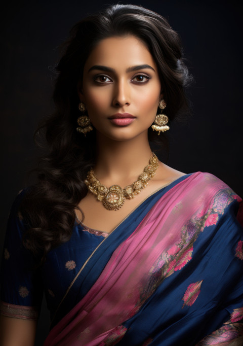 Graceful woman donning a blue sari epitomizing traditional charm and elegance in her attire