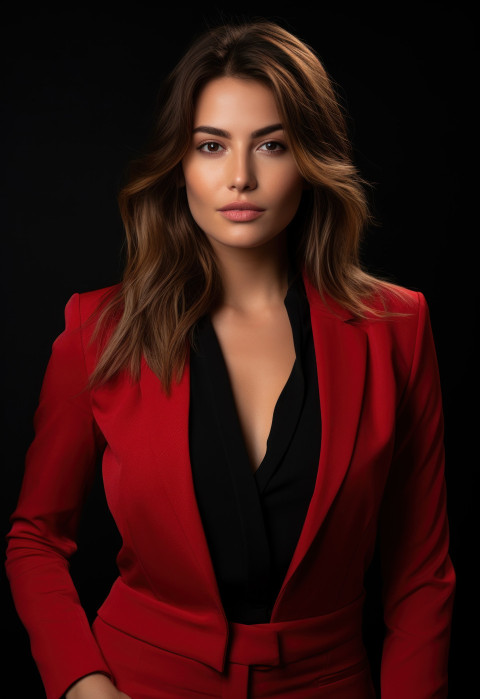 A stylish businesswoman in a black and red attire against a dark backdrop