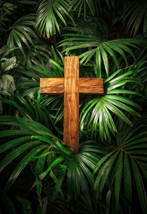 A wooden cross placed on a palm leaf