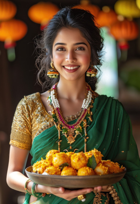 Woman in green sari sweetly smiles while carrying a plate of delicious sweets