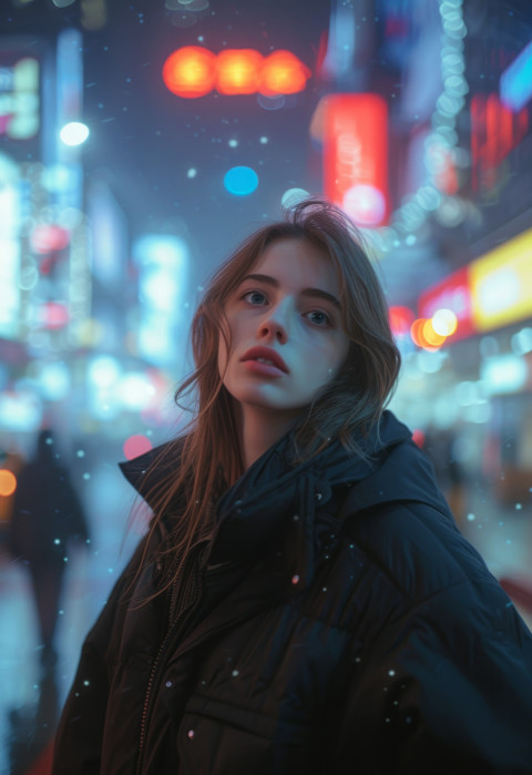 A lady with a jacket in a city night