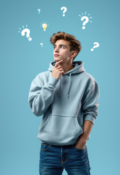 Teen boy in hoodie and jeans stands mid-frame with quiet expression