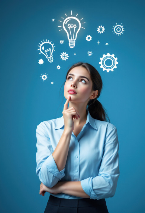 Young woman in smart-casual office wear stands mid-frame with calm expression