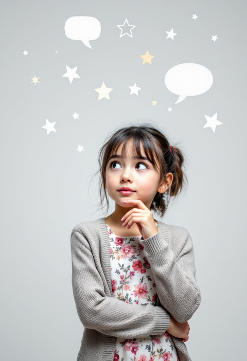 Young girl in floral dress and cardigan stands gently with calm face