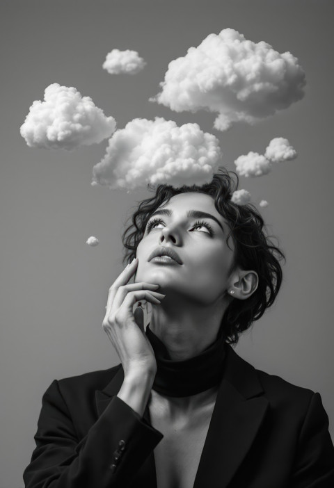 Non-binary adult in layered avant-garde fashion looks thoughtful
