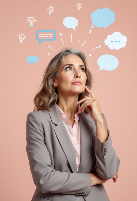 Middle-aged woman in modern blazer and blouse stands in deep thought