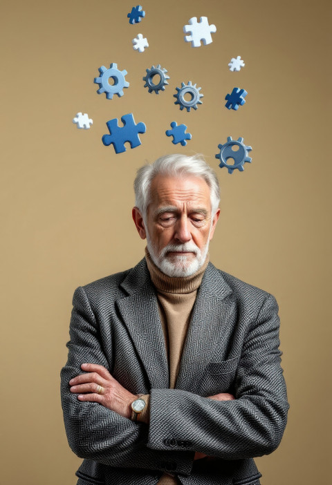 Older man in classic tweed and turtleneck holds quiet stare