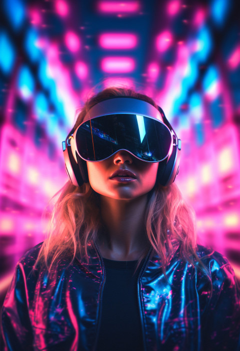 A young woman wearing a virtual reality headset with neon lights