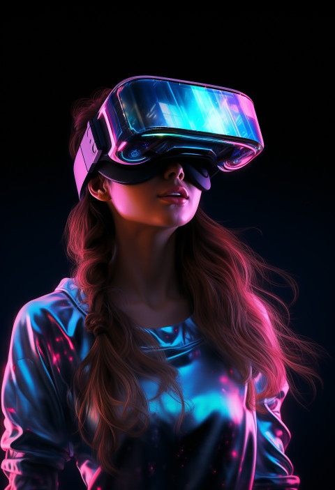 A young woman wearing a virtual reality headset with neon lights