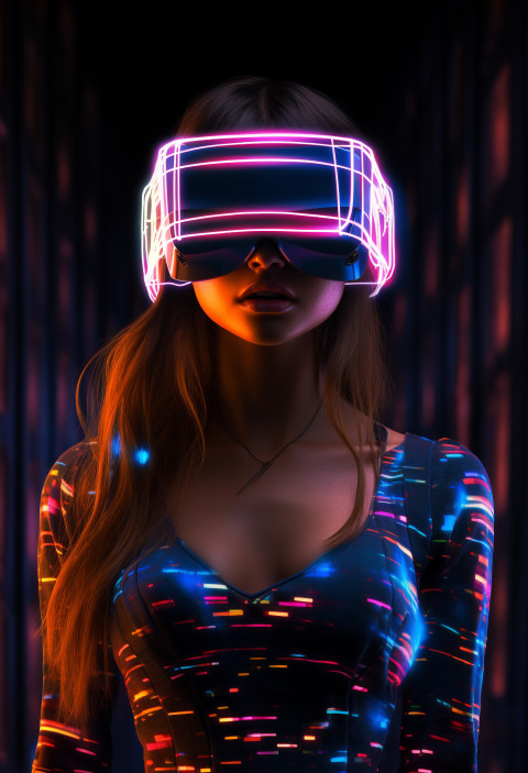 A young woman wearing a virtual reality headset with neon lights