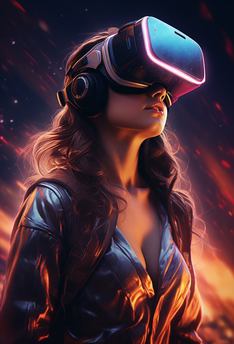 A young woman wearing a virtual reality headset with neon lights