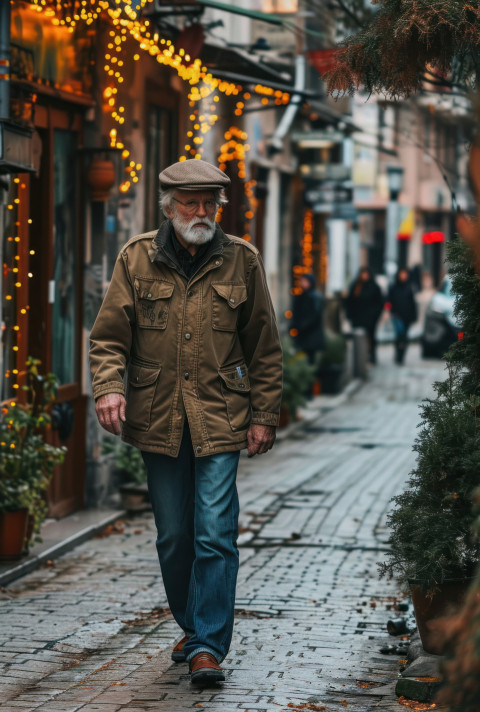 Stylish senior enjoying town street walk