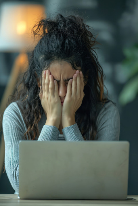 Woman in office stress hands covering face overwhelmed with workload on her laptop