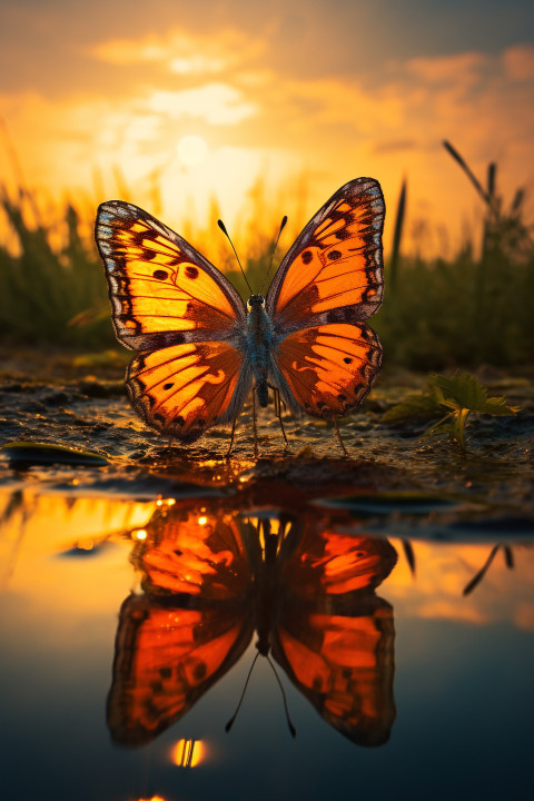 an orange butterfly rests on the edge of a pond at sunset, natur