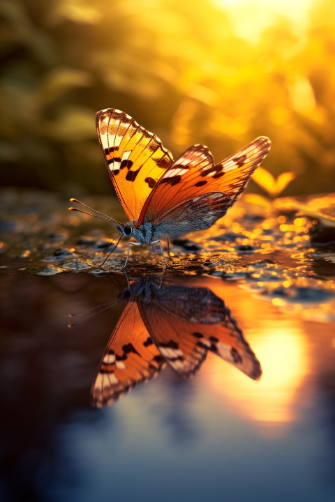 an orange butterfly rests on the edge of a pond at sunset, natur