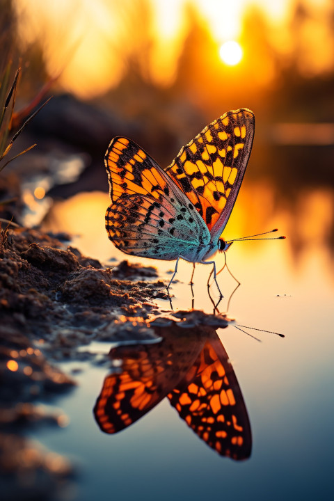 an orange butterfly rests on the edge of a pond at sunset, natur