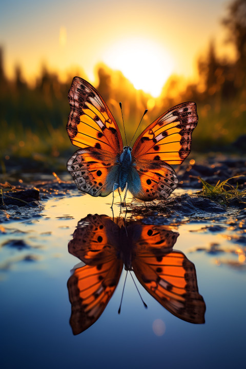 an orange butterfly rests on the edge of a pond at sunset, natur