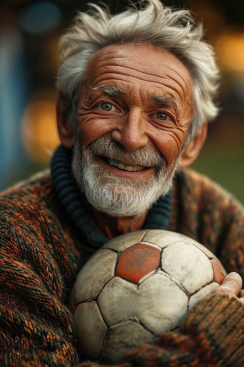 Smiling grandpa with a soccer ball in hand