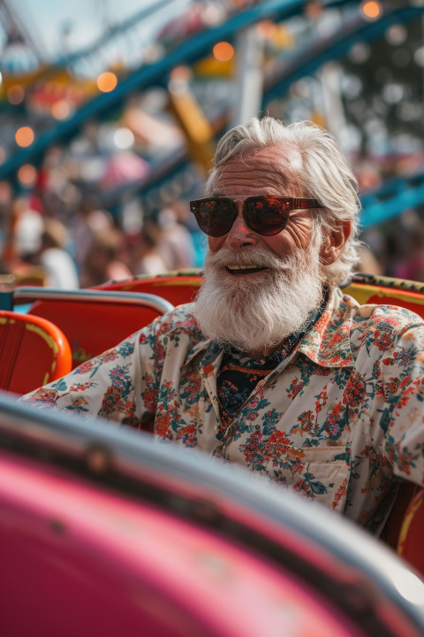 Smiling old man feeling excited on a rollercoaster in the amusement park