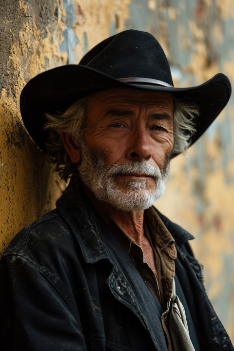 Senior gentleman in a black cowboy hat standing by the wall