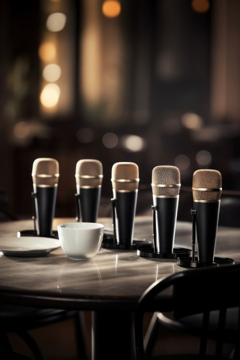 Microphones and coffee cups create a harmonious scene