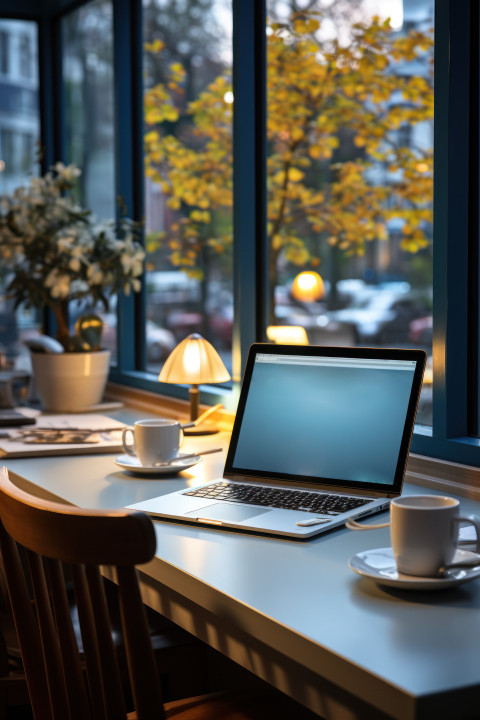 Neat office table adorned with a laptop and an elegant white cup