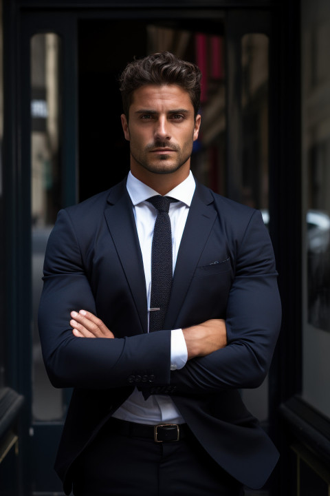 A confident young businessman arms crossed in front of a modern building