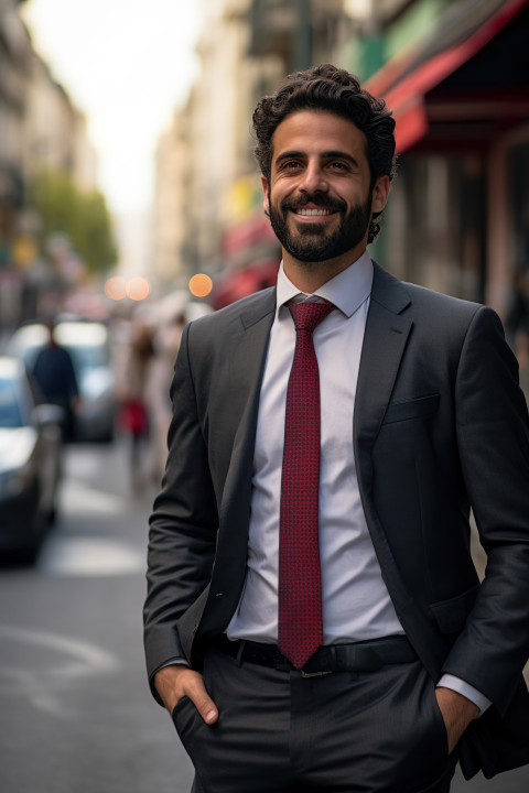 A smiling businessman in a suit stands confidently in the city