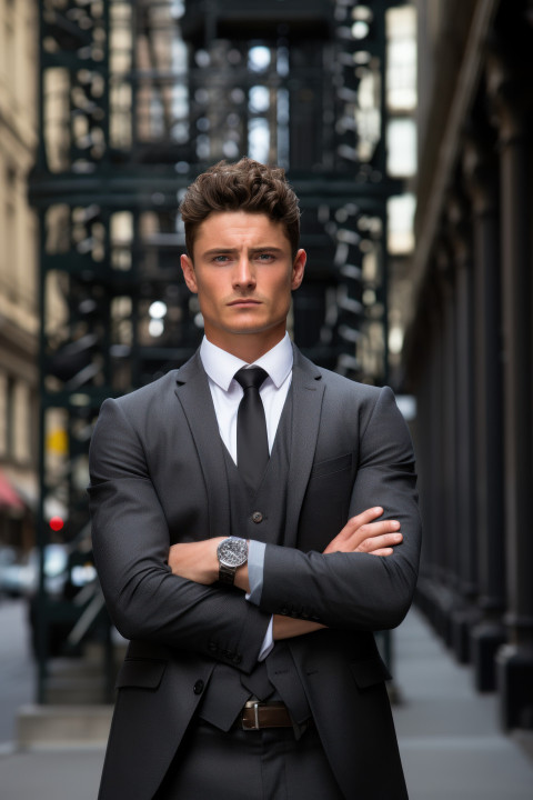 Businessman with crossed arms poses by a office building