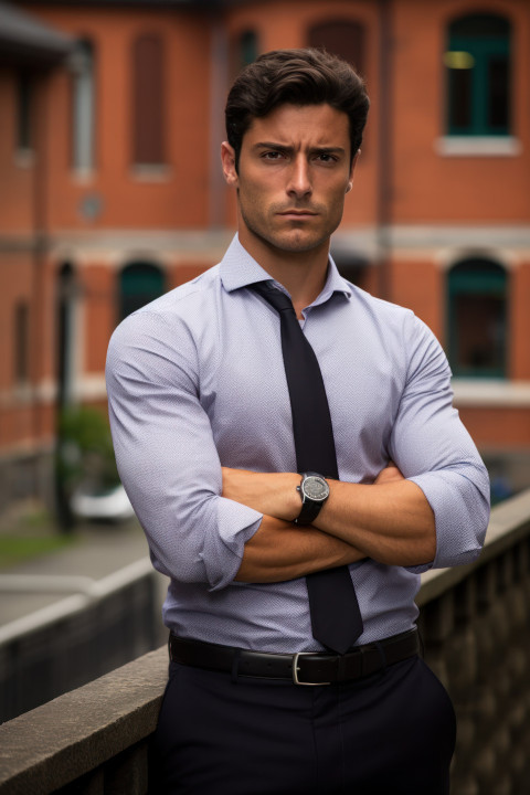 Young businessman stands arms crossed outside building