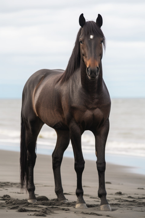 Majestic dark brown horse on a beach